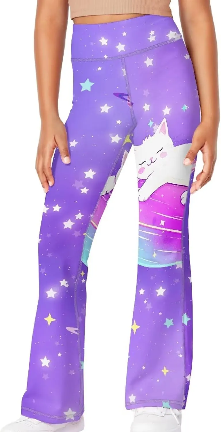 Girl Yoga Flare Wide Leg Tummy Control Stretchy Pants Breathable Kids Athletic Leggings Casual Wear Age 5-14 Years