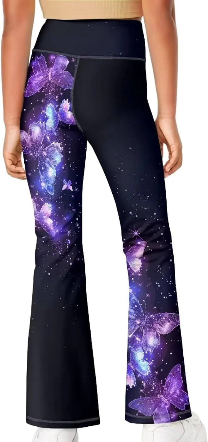 Girl Yoga Flare Wide Leg Tummy Control Stretchy Pants Breathable Kids Athletic Leggings Casual Wear Age 5-14 Years
