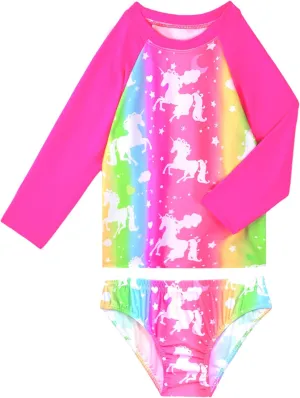 Girls Rash Guard Swimsuit Two Pieces Adorable Swimswear Quick Dry Bathing Suit Long Sleeve