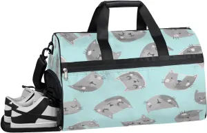 Grey Cute Cat Sports Gym Bag with Wet Pocket & Shoes Compartment Waterproof Workout Duffel Bag for Women and Men Weekender Overnight Duffle Bag Travel Carry-on Tote