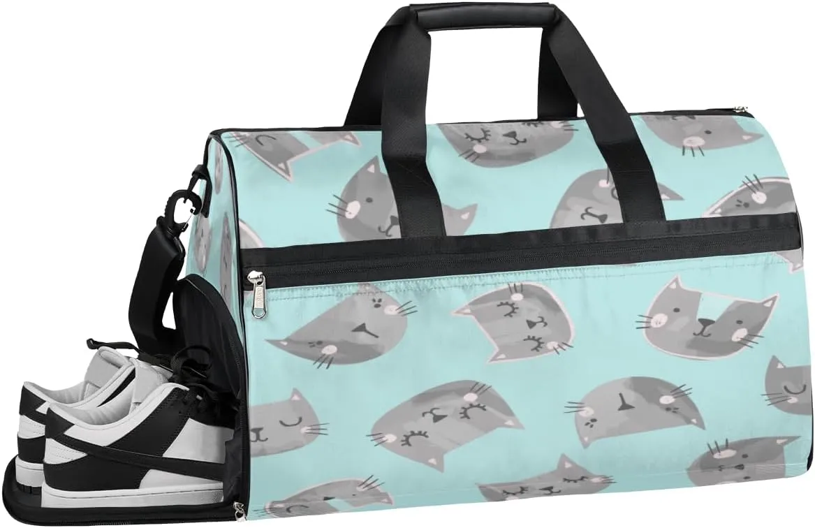 Grey Cute Cat Sports Gym Bag with Wet Pocket & Shoes Compartment Waterproof Workout Duffel Bag for Women and Men Weekender Overnight Duffle Bag Travel Carry-on Tote
