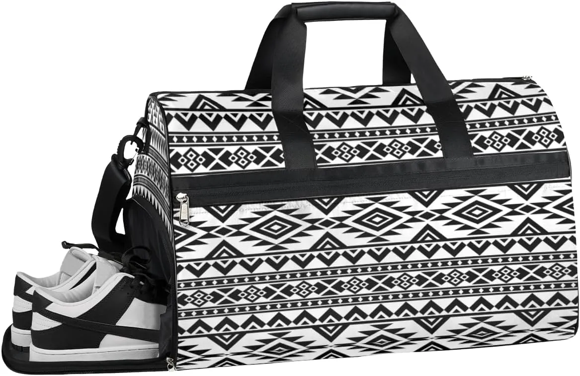 Grey Ethnic Aztec Sports Gym Bag with Wet Pocket & Shoes Compartment Waterproof Workout Duffel Bag for Women and Men Weekender Overnight Duffle Bag Travel Carry-on Tote