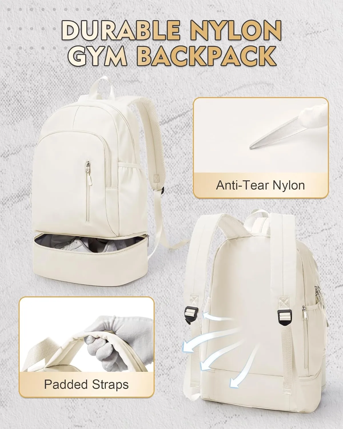 Gym Backpack for Women Men, Lightweight Gym Bag with Shoe Compartment, Waterproof Sports Backpack with Wet Pocket for Yoga Fitness Sports, Beige