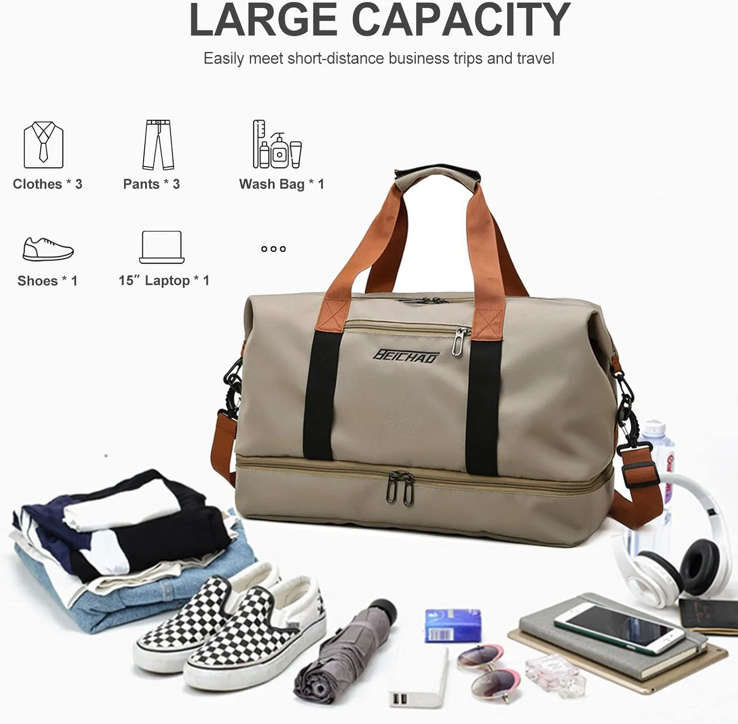Gym Bag Duffle Bag Weekender Overnight Bags for Women and Men, Duffle Bag for Travel, Sports Tote Gym Bag, Waterproof Duffel Bag Carry on Luggage Bag with Shoe and Wet Clothes Compartments, Khaki,