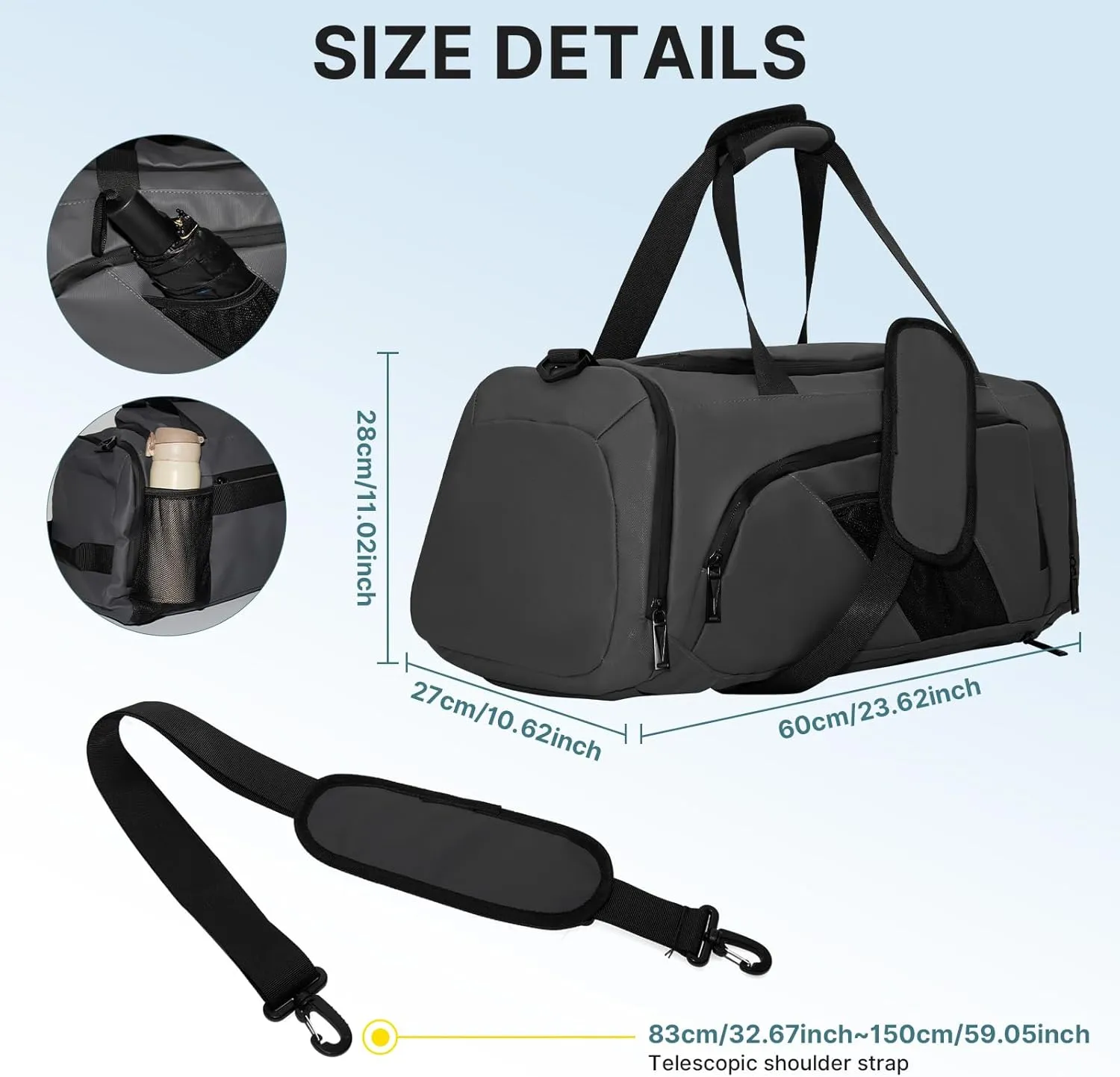 Gym Bag for Men & Women,Carry On with Shoes Compartment and Wet Pocket Convertible Duffle Bag and Gym Backpack,Multipurpose Weekender Overnight Waterproof Sports Bags (Gray)