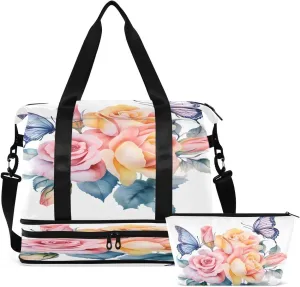 Gym Bag Sports Travel Duffel Bag Weekender Overnight Bag with Wet Pocket Shoes Compartment and Toiletry Bag Butterfly Yellow Pink Floral for Travel, Business,Gym, Yoga