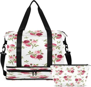 Gym Bag Sports Travel Duffel Bag Weekender Overnight Bag with Wet Pocket Shoes Compartment and Toiletry Bag Red & Pink Rose Flowers for Travel, Business,Gym, Yoga