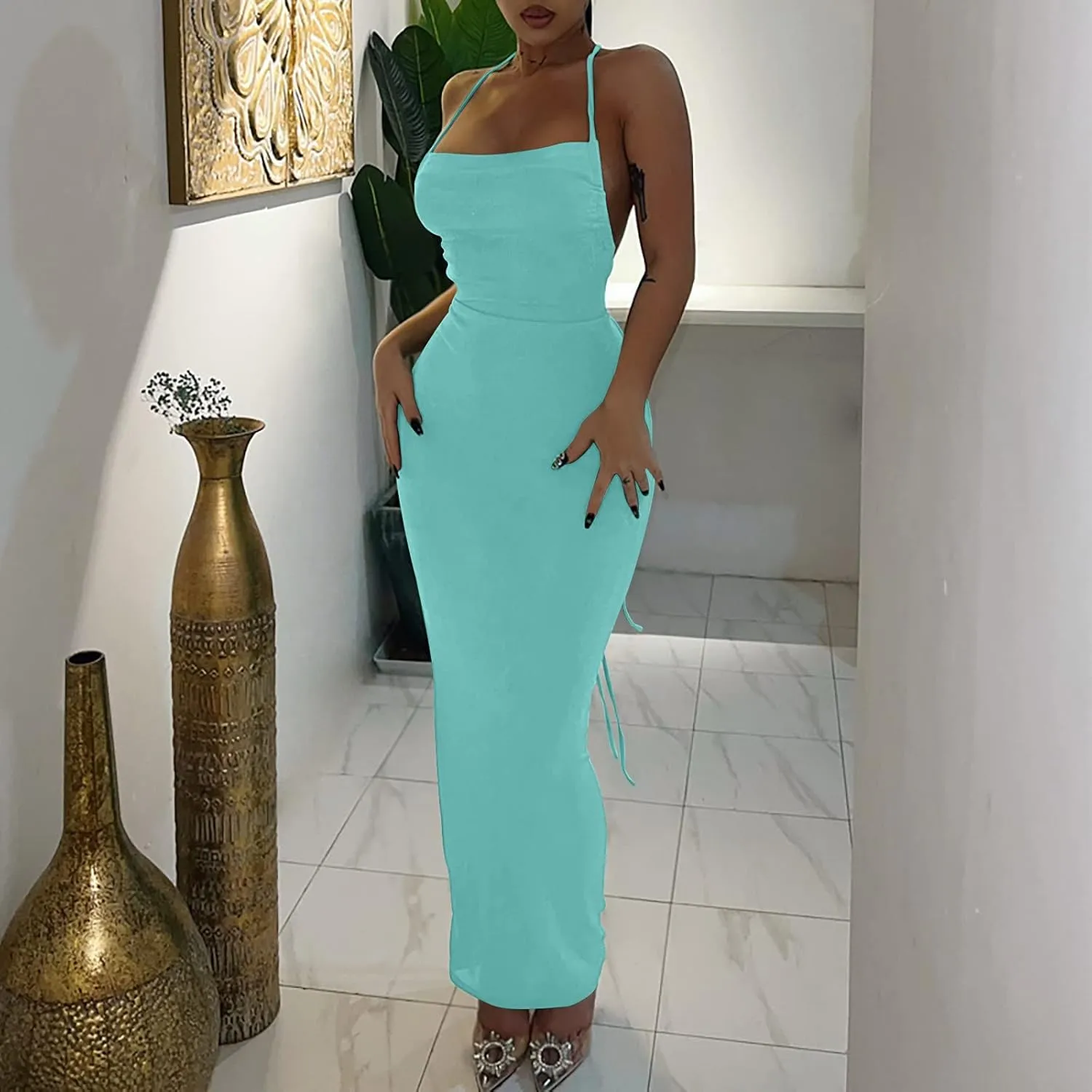 HGps8w Women Sexy Spaghetti Strap Backless Maxi Dresses Halter Lace Up Bodycon Evening Club Cocktail Party Dress