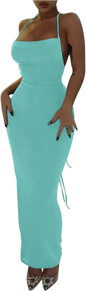HGps8w Women Sexy Spaghetti Strap Backless Maxi Dresses Halter Lace Up Bodycon Evening Club Cocktail Party Dress