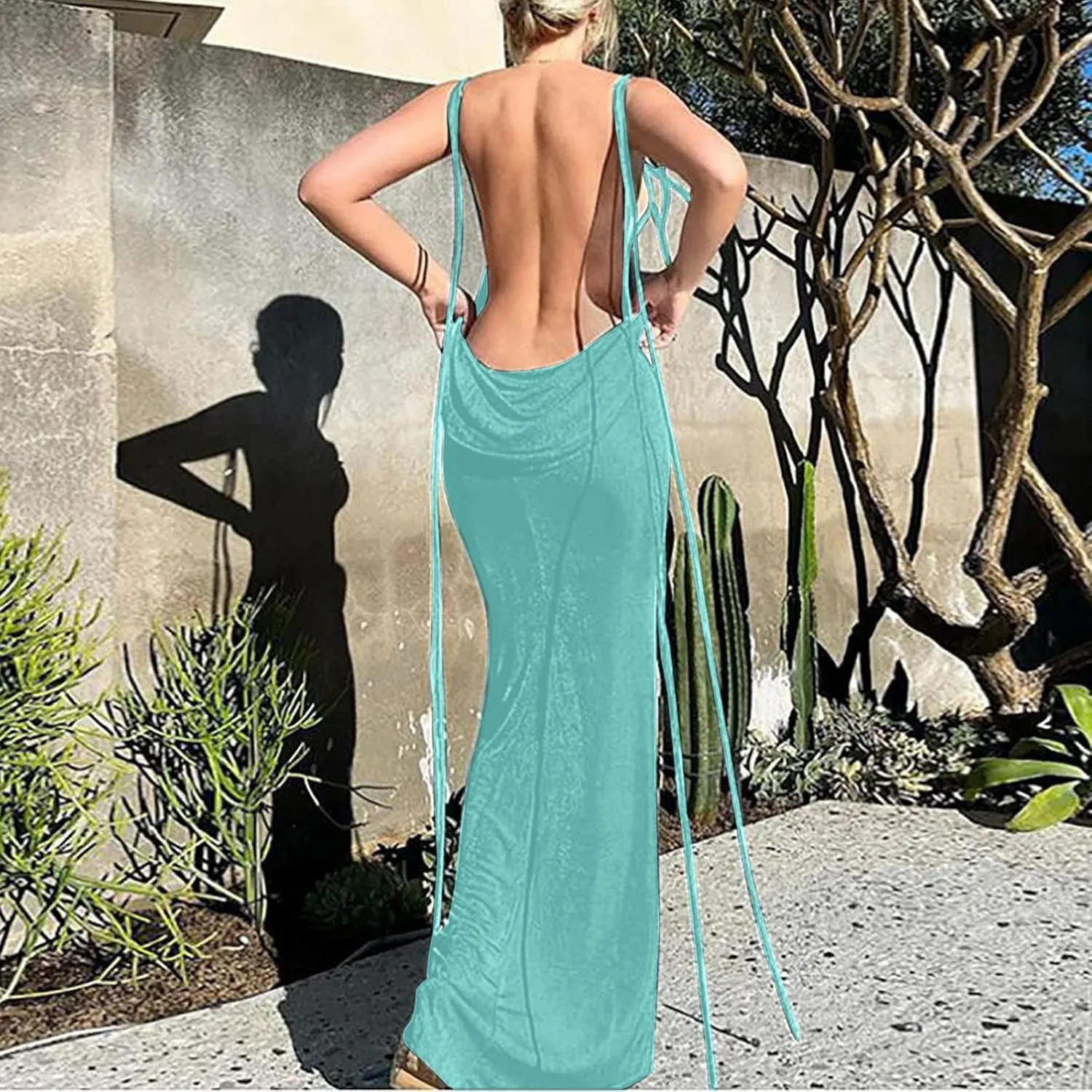 HGps8w Women Sexy Spaghetti Strap Backless Maxi Dresses Halter Lace Up Bodycon Evening Club Cocktail Party Dress