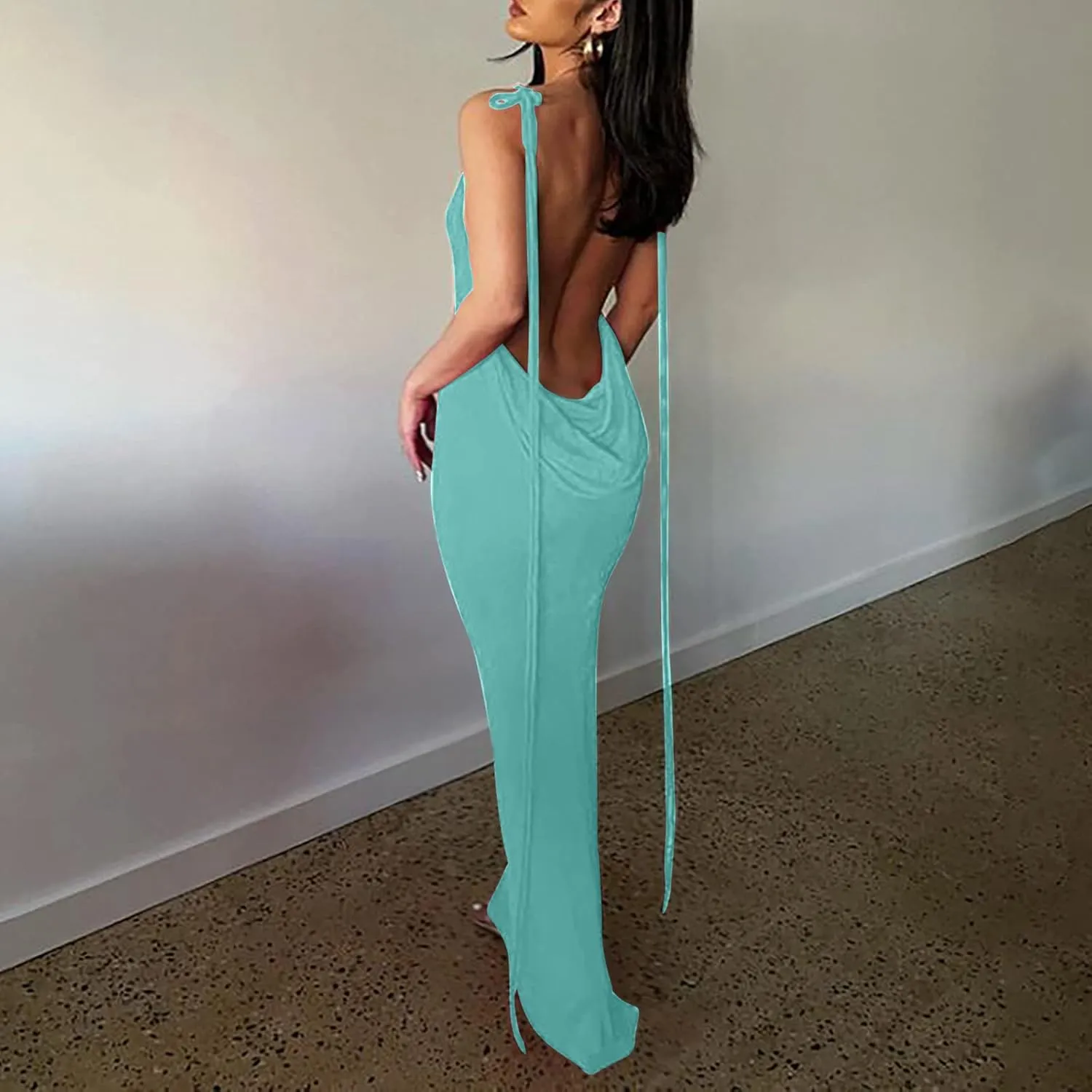 HGps8w Women Sexy Spaghetti Strap Backless Maxi Dresses Halter Lace Up Bodycon Evening Club Cocktail Party Dress