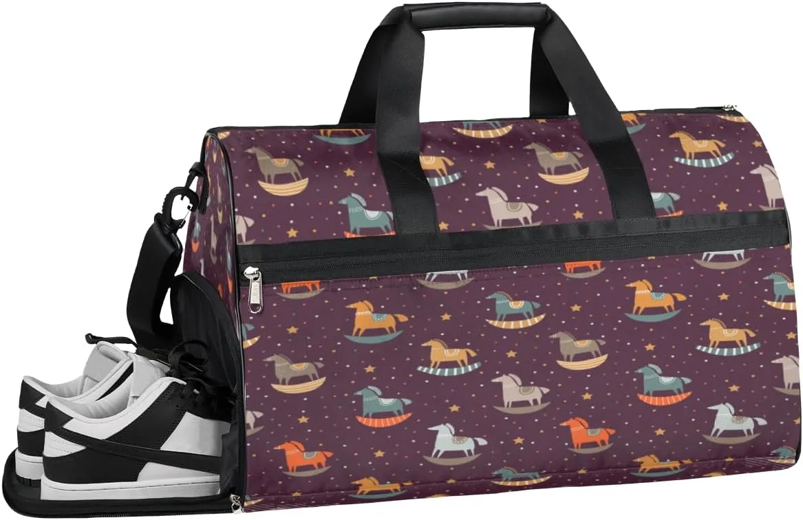 Horse Pattern Sports Gym Bag with Wet Pocket & Shoes Compartment Waterproof Workout Duffel Bag for Women and Men Weekender Overnight Duffle Bag Travel Carry-on Tote