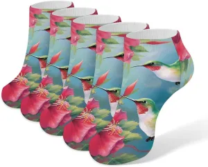 Hummingbirds Red Flower Hibiscus 5 Pairs Low Cut Ankle Socks for Men Women Athletic Running Socks No Show Breathable