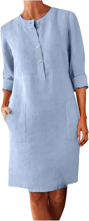 iQKA Women Knee Length Dress Buttons Round Neck Long Sleeve Shift Dress Casual Loose Shirt Dress with Pockets