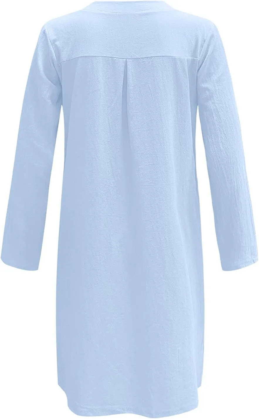 iQKA Women Knee Length Dress Buttons Round Neck Long Sleeve Shift Dress Casual Loose Shirt Dress with Pockets