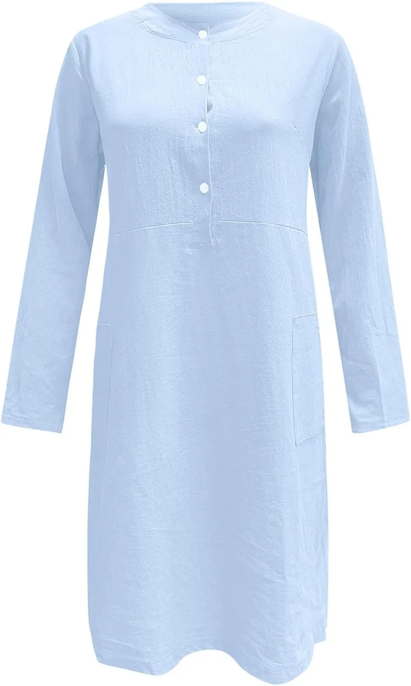 iQKA Women Knee Length Dress Buttons Round Neck Long Sleeve Shift Dress Casual Loose Shirt Dress with Pockets