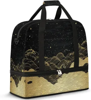 Japanese Print Travel Duffel Bag for Women Men, Sports Gym Bag with Shoes Compartment Golden Waves Foldable Overnight Bag Weekender Tote Workout Carry On Luggage Bag