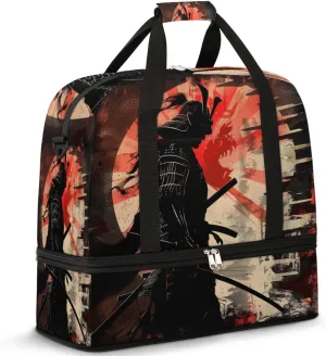 Japanese Samurai Red Sun Travel Duffel Bag for Women Men, Sports Gym Bag with Shoes Compartment Foldable Overnight Bag Weekender Tote Workout Carry On Luggage Bag