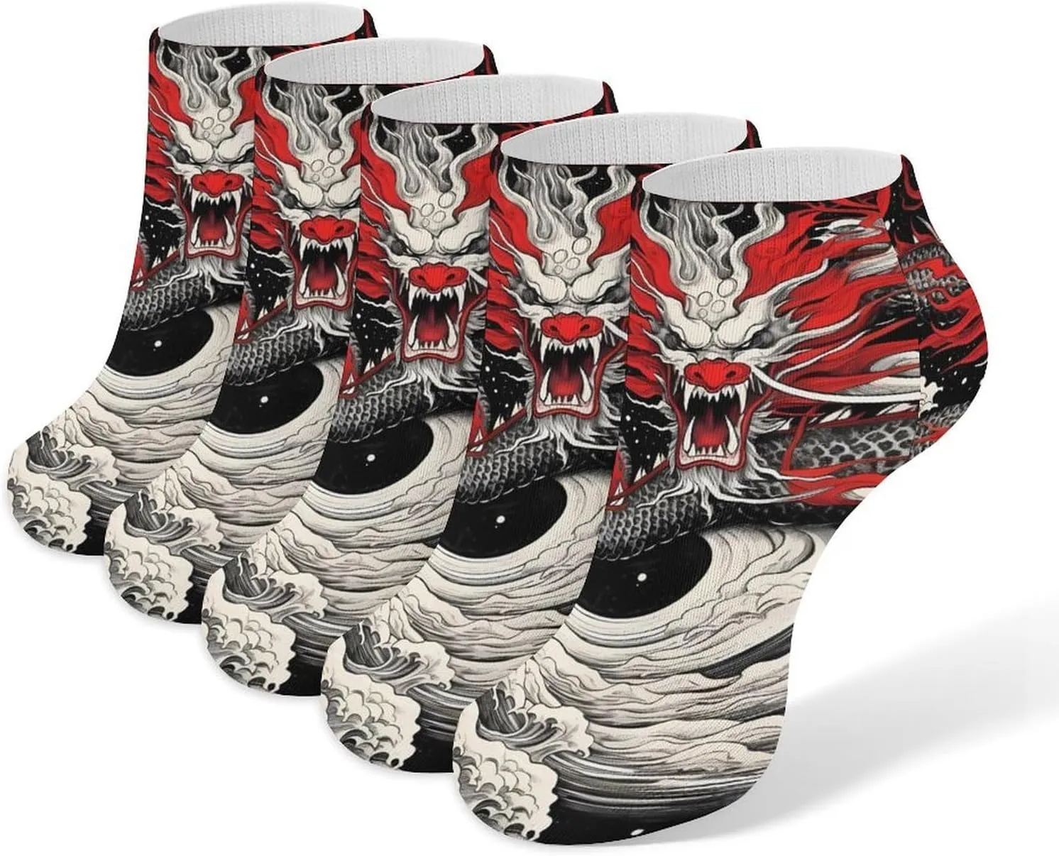 Japanese Style Dragon Wave 5 Pairs Low Cut Ankle Socks for Men Women Athletic Running Socks No Show Breathable