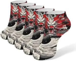 Japanese Style Dragon Wave 5 Pairs Low Cut Ankle Socks for Men Women Athletic Running Socks No Show Breathable