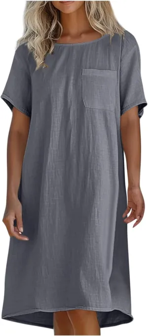 JOAU Cotton Linen Dress for Women 2025 Summer Casual Shift T-Shirt Dresses Beach Vacation Knee Length Dress with Pocket