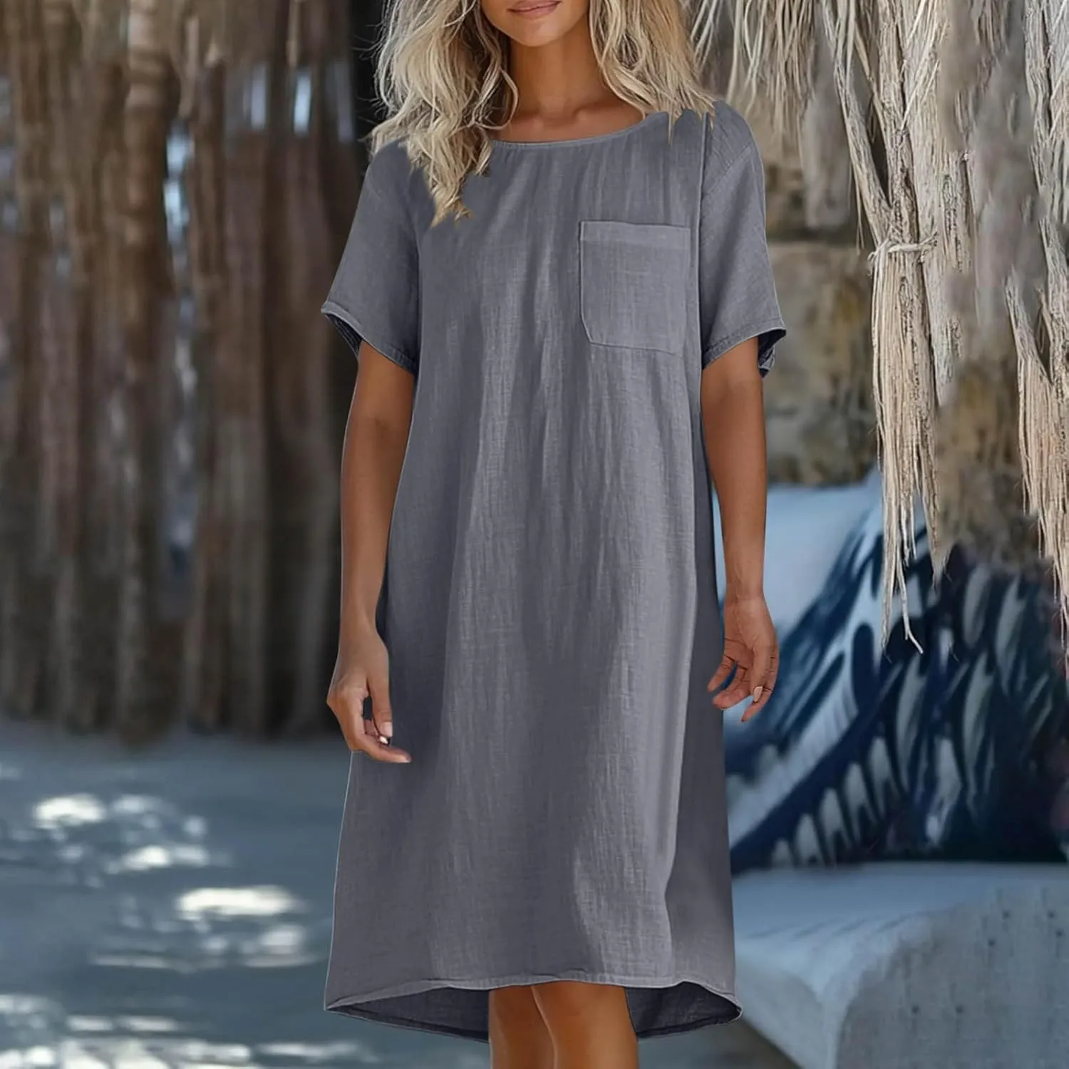 JOAU Cotton Linen Dress for Women 2025 Summer Casual Shift T-Shirt Dresses Beach Vacation Knee Length Dress with Pocket