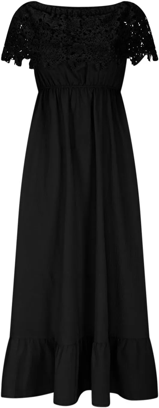 JOAU Women 2025 Summer Floral Lace Off Shoulder High Waist Beach Party Dress Tiered Boho Flowy Ruffle Hem A-Line Midi Dresses