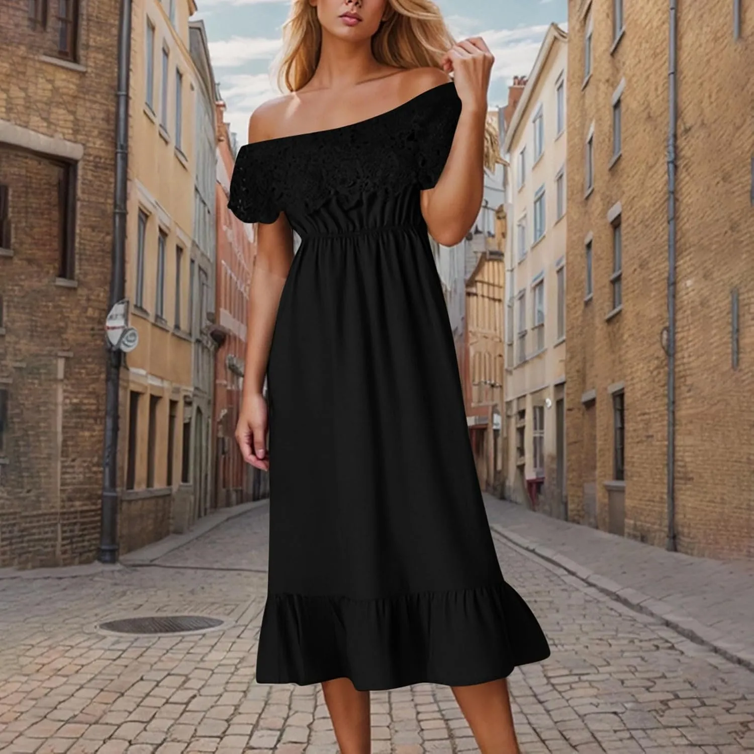 JOAU Women 2025 Summer Floral Lace Off Shoulder High Waist Beach Party Dress Tiered Boho Flowy Ruffle Hem A-Line Midi Dresses