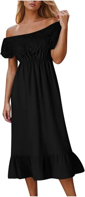 JOAU Women 2025 Summer Floral Lace Off Shoulder High Waist Beach Party Dress Tiered Boho Flowy Ruffle Hem A-Line Midi Dresses