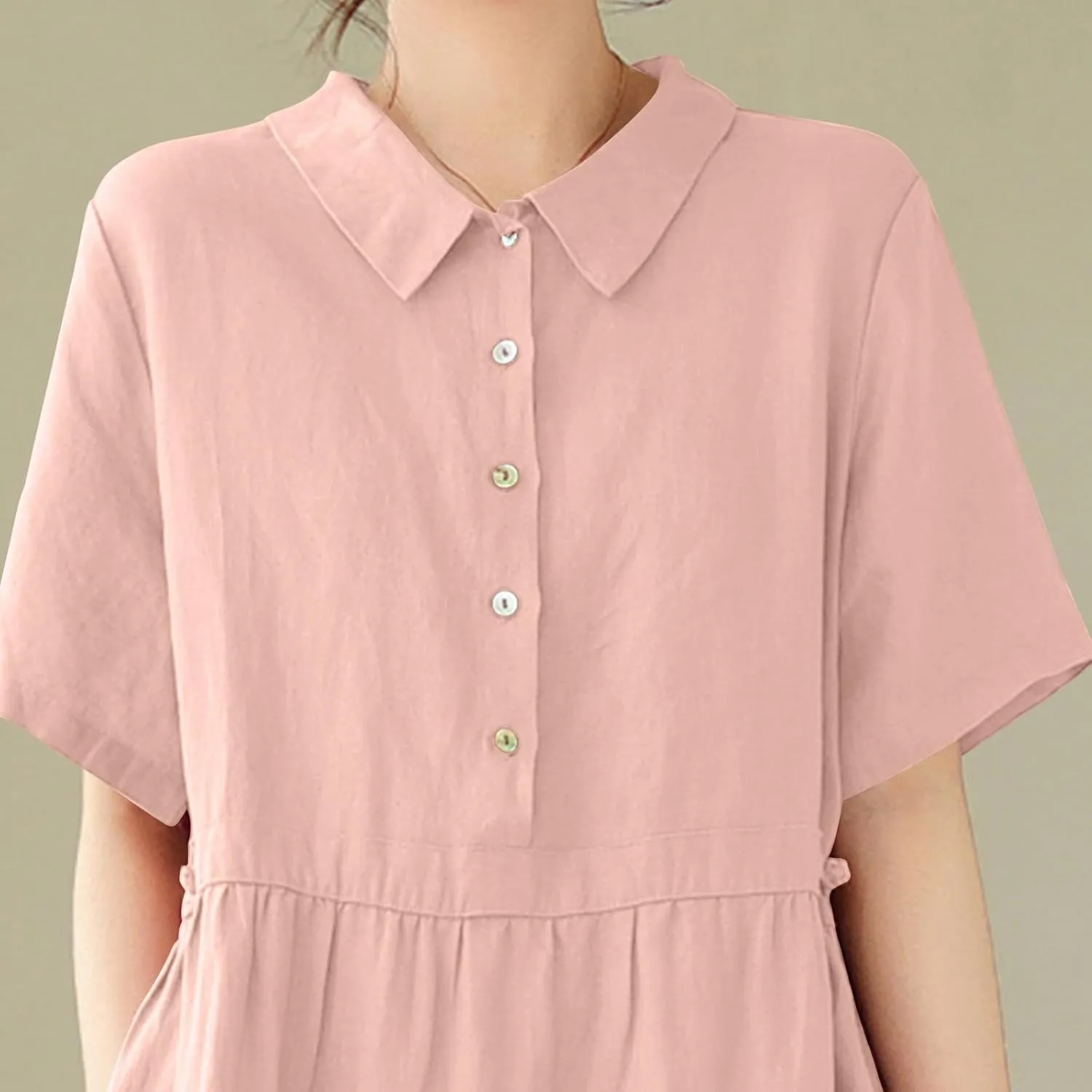 JOAU Women Bohemian Casual Cotton Linen Dress Summer Short Sleeve Button Down Lapel Collar A-Line Shirt Dresses with Pockets