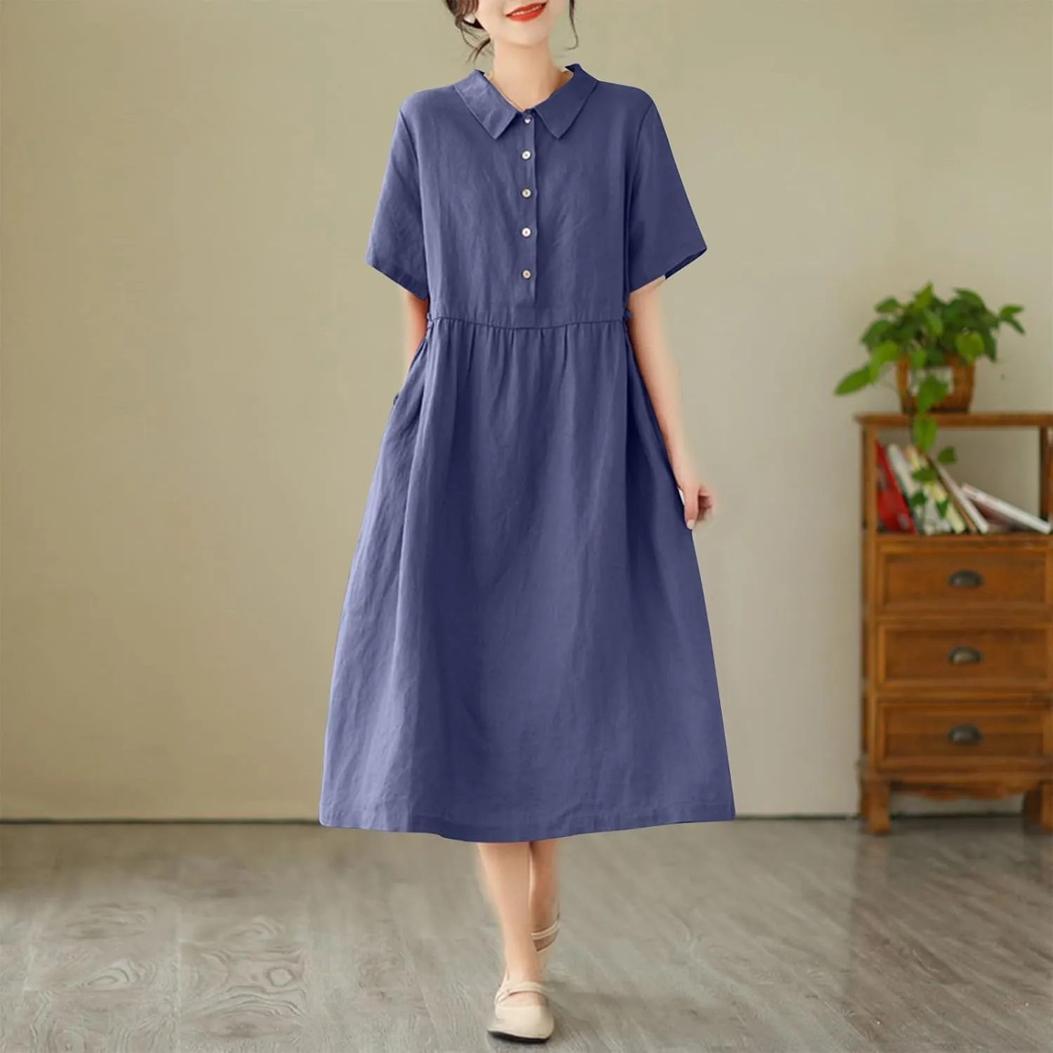 JOAU Women Bohemian Casual Cotton Linen Dress Summer Short Sleeve Button Down Lapel Collar A-Line Shirt Dresses with Pockets