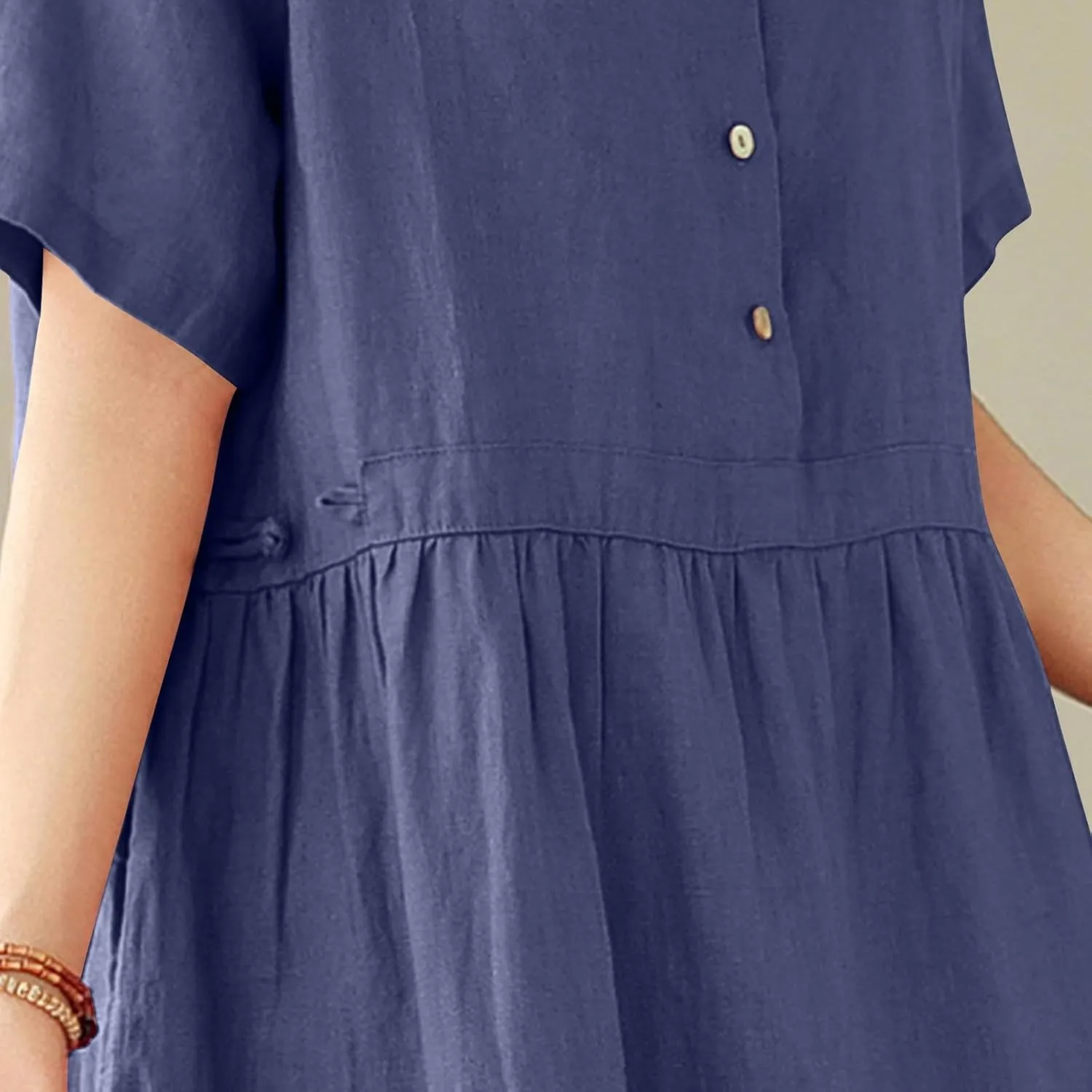 JOAU Women Bohemian Casual Cotton Linen Dress Summer Short Sleeve Button Down Lapel Collar A-Line Shirt Dresses with Pockets