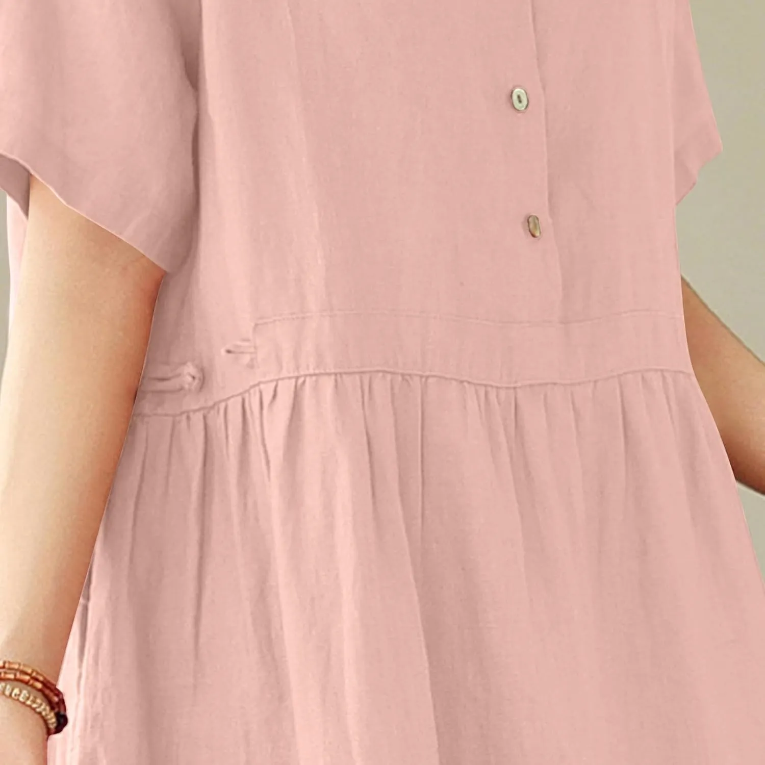 JOAU Women Bohemian Casual Cotton Linen Dress Summer Short Sleeve Button Down Lapel Collar A-Line Shirt Dresses with Pockets