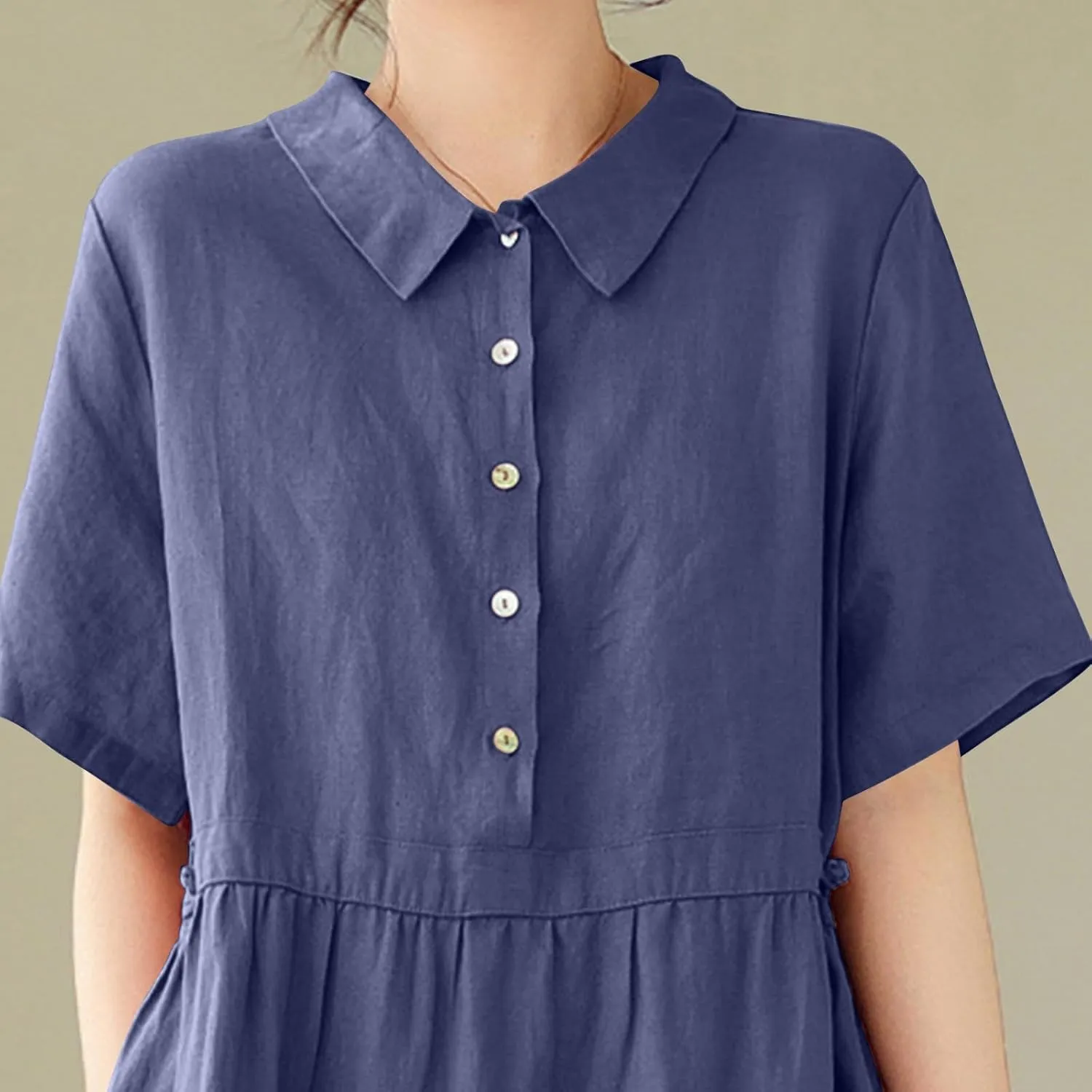 JOAU Women Bohemian Casual Cotton Linen Dress Summer Short Sleeve Button Down Lapel Collar A-Line Shirt Dresses with Pockets