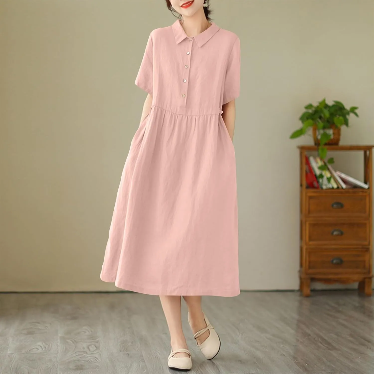 JOAU Women Bohemian Casual Cotton Linen Dress Summer Short Sleeve Button Down Lapel Collar A-Line Shirt Dresses with Pockets