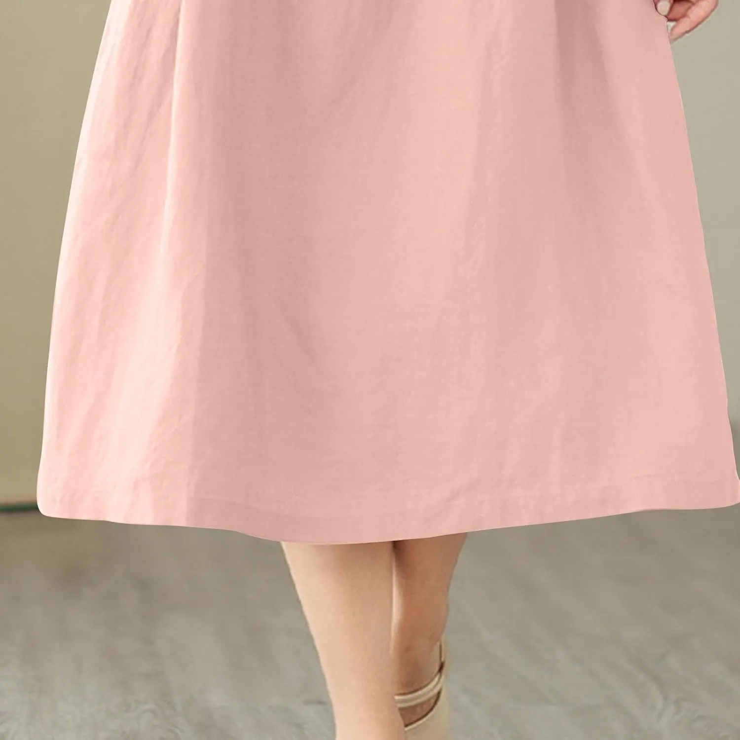 JOAU Women Bohemian Casual Cotton Linen Dress Summer Short Sleeve Button Down Lapel Collar A-Line Shirt Dresses with Pockets