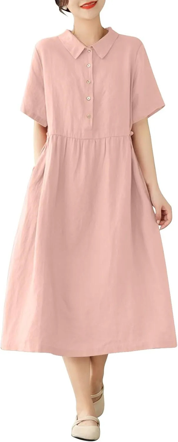 JOAU Women Bohemian Casual Cotton Linen Dress Summer Short Sleeve Button Down Lapel Collar A-Line Shirt Dresses with Pockets