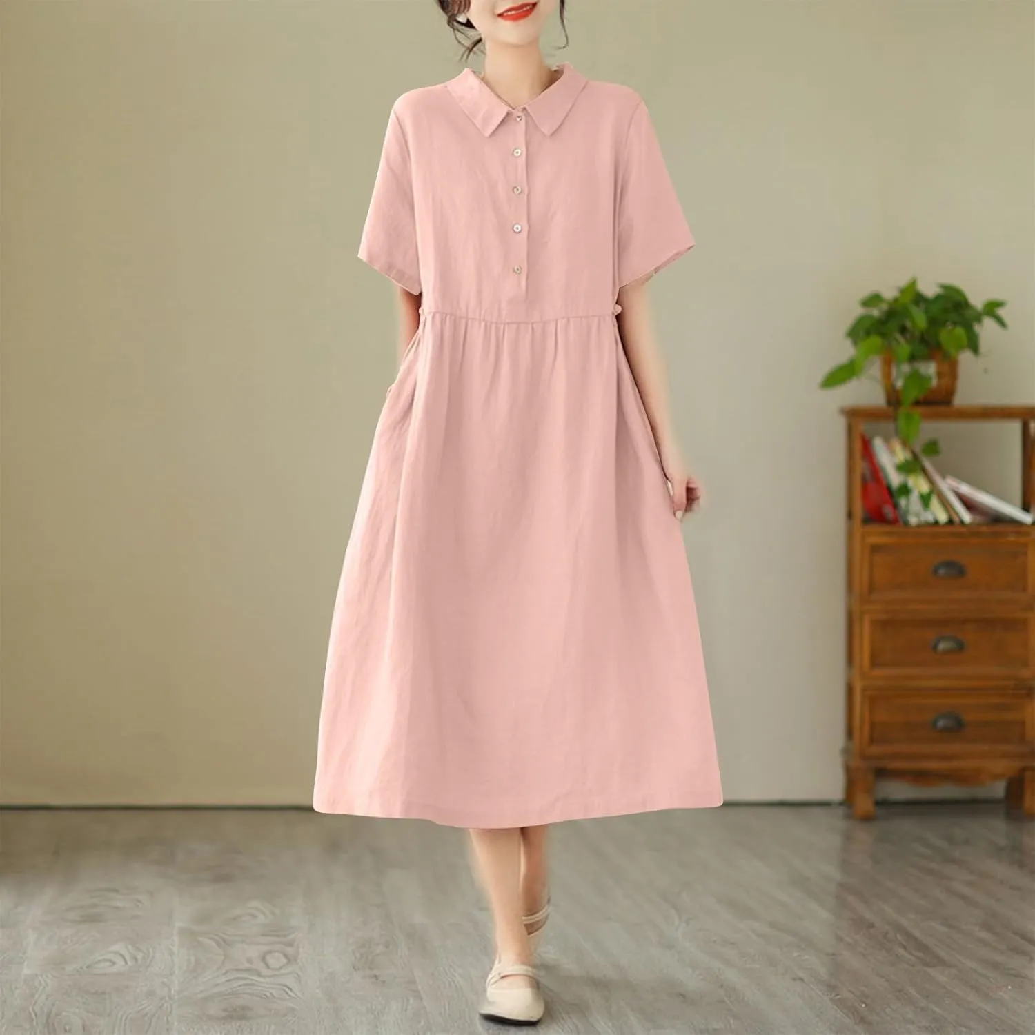 JOAU Women Bohemian Casual Cotton Linen Dress Summer Short Sleeve Button Down Lapel Collar A-Line Shirt Dresses with Pockets
