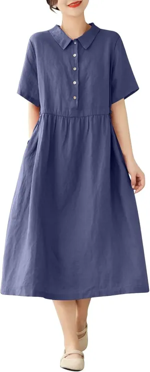 JOAU Women Bohemian Casual Cotton Linen Dress Summer Short Sleeve Button Down Lapel Collar A-Line Shirt Dresses with Pockets