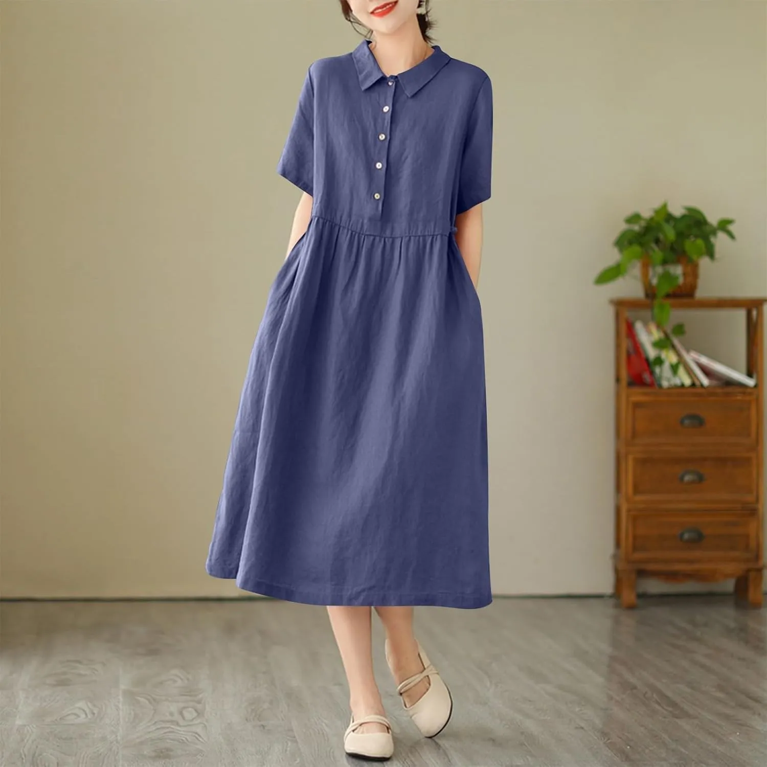 JOAU Women Bohemian Casual Cotton Linen Dress Summer Short Sleeve Button Down Lapel Collar A-Line Shirt Dresses with Pockets