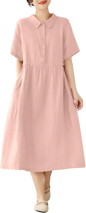 JOAU Women Bohemian Casual Cotton Linen Dress Summer Short Sleeve Button Down Lapel Collar A-Line Shirt Dresses with Pockets