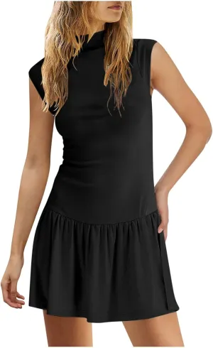 JOAU Women's A-Line Mini Tank Dress Sleeveless Mock Neck Slim Fit Beach Tennis Dresses Summer Cute Flowy Ruffle Short Dress
