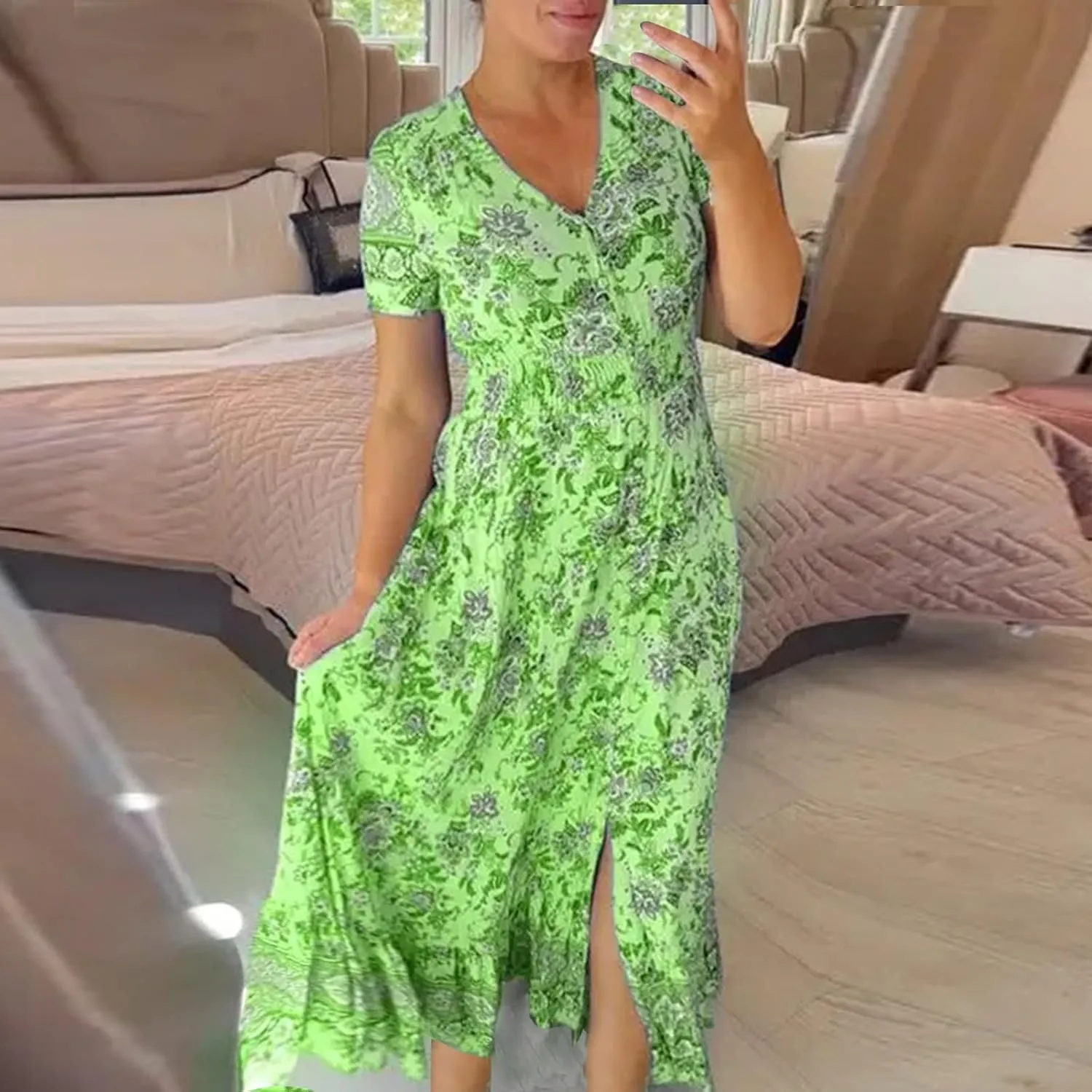 JOAU Women's Boho Floral Print Maxi Dress V Neck Button Smocked Casual Short Sleeve Dresses Summer Flowy Ruffle Beach Dress