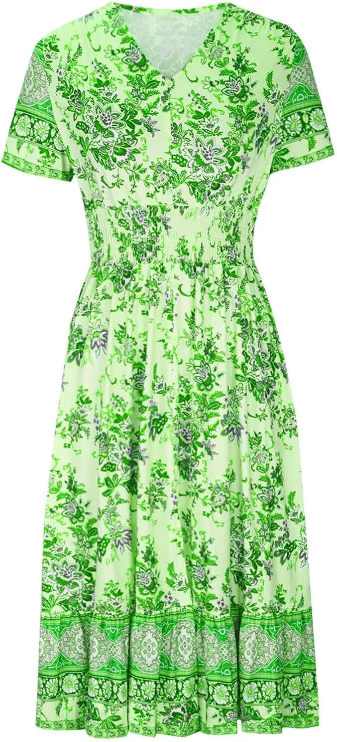 JOAU Women's Boho Floral Print Maxi Dress V Neck Button Smocked Casual Short Sleeve Dresses Summer Flowy Ruffle Beach Dress