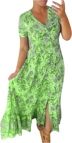 JOAU Women's Boho Floral Print Maxi Dress V Neck Button Smocked Casual Short Sleeve Dresses Summer Flowy Ruffle Beach Dress