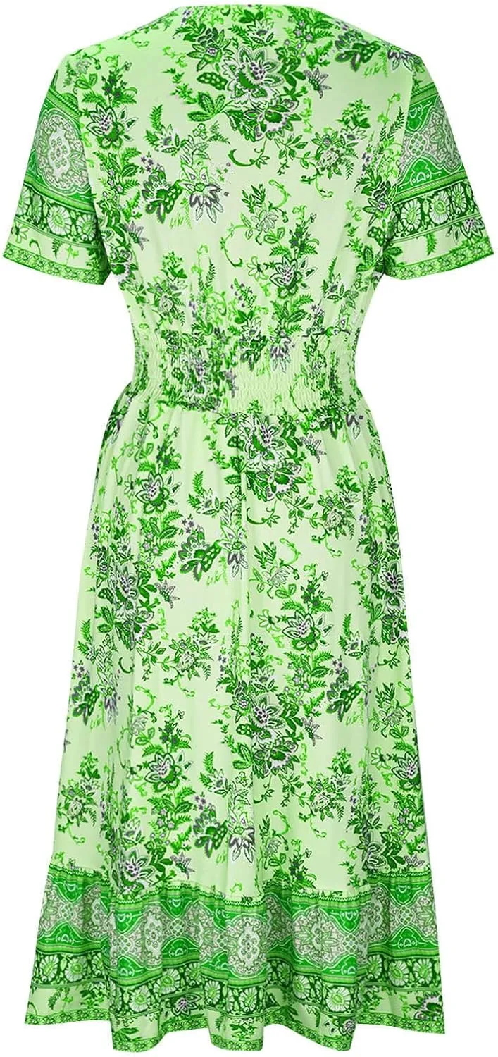 JOAU Women's Boho Floral Print Maxi Dress V Neck Button Smocked Casual Short Sleeve Dresses Summer Flowy Ruffle Beach Dress