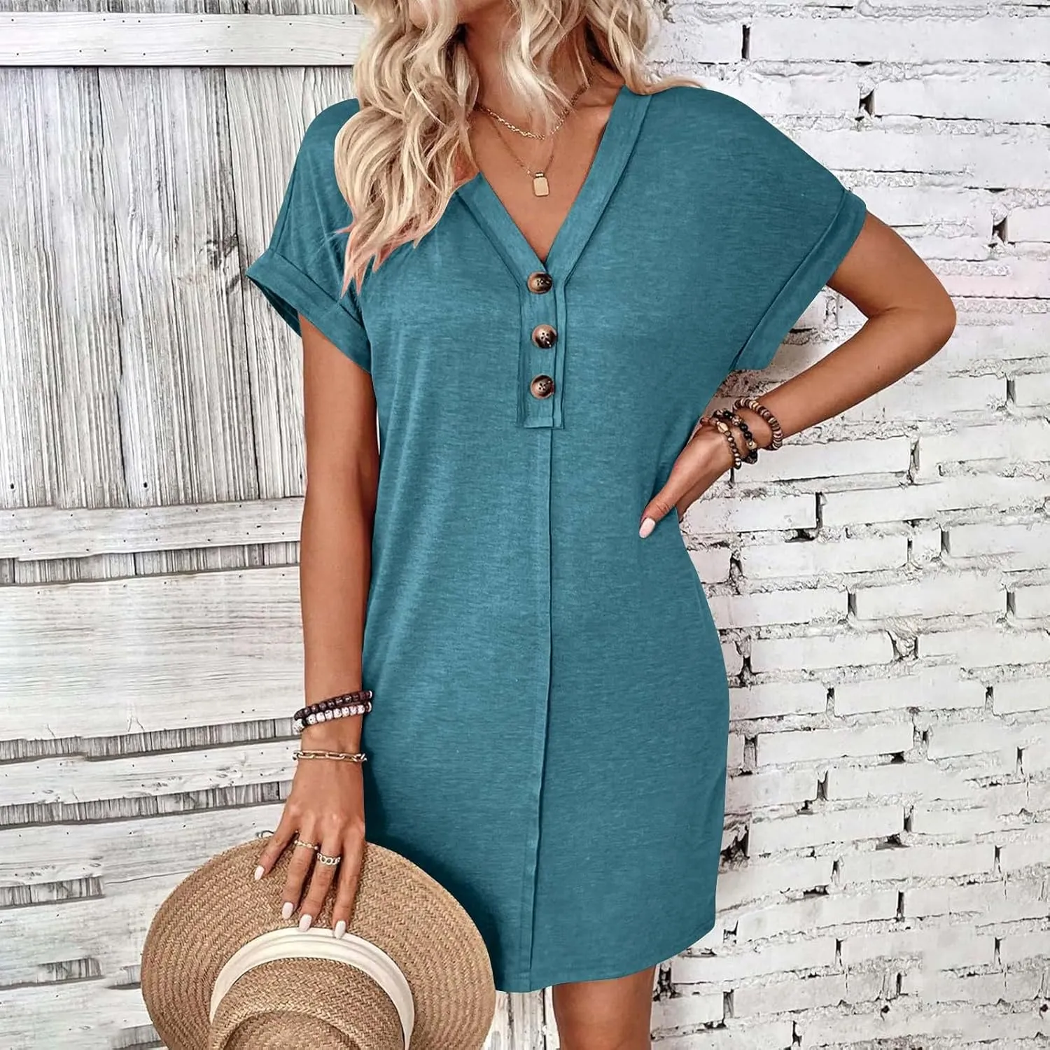 JOAU Womens Casual Shirt Dress Rolled Short Sleeve Solid Button Down Shift Summer Dresses Beach Vacation V Neck Mini Dress