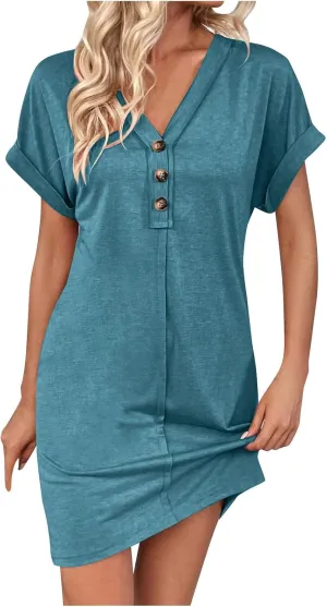 JOAU Womens Casual Shirt Dress Rolled Short Sleeve Solid Button Down Shift Summer Dresses Beach Vacation V Neck Mini Dress