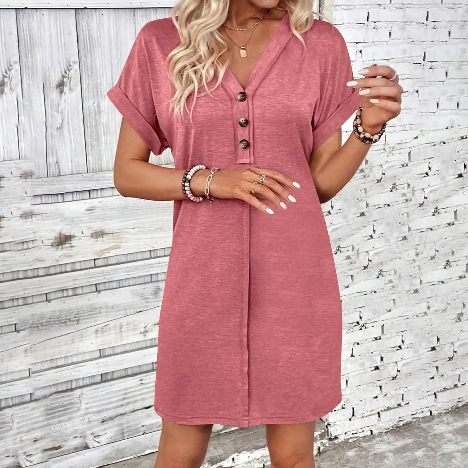 JOAU Womens Casual Shirt Dress Rolled Short Sleeve Solid Button Down Shift Summer Dresses Beach Vacation V Neck Mini Dress