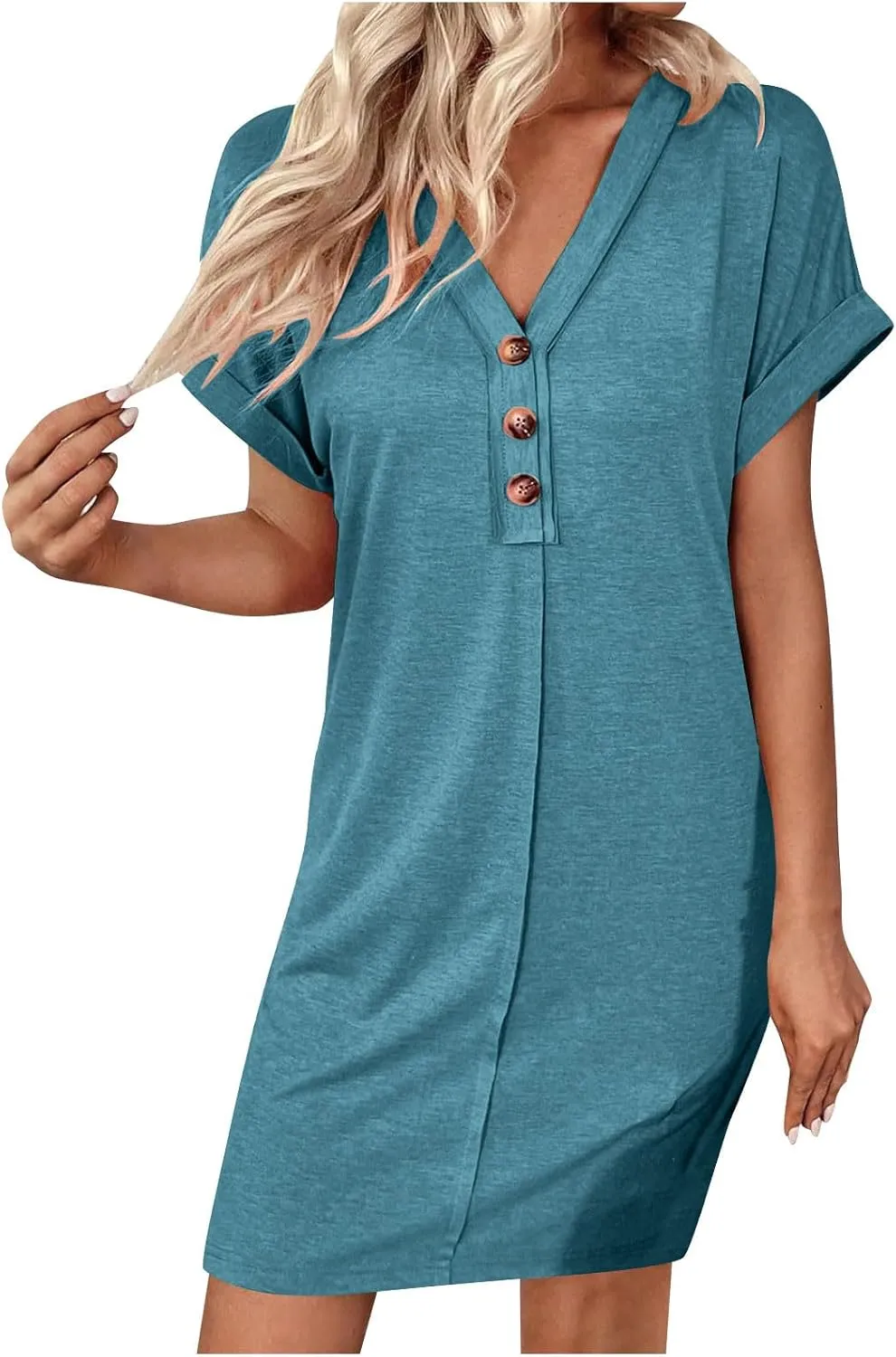 JOAU Womens Casual Shirt Dress Rolled Short Sleeve Solid Button Down Shift Summer Dresses Beach Vacation V Neck Mini Dress